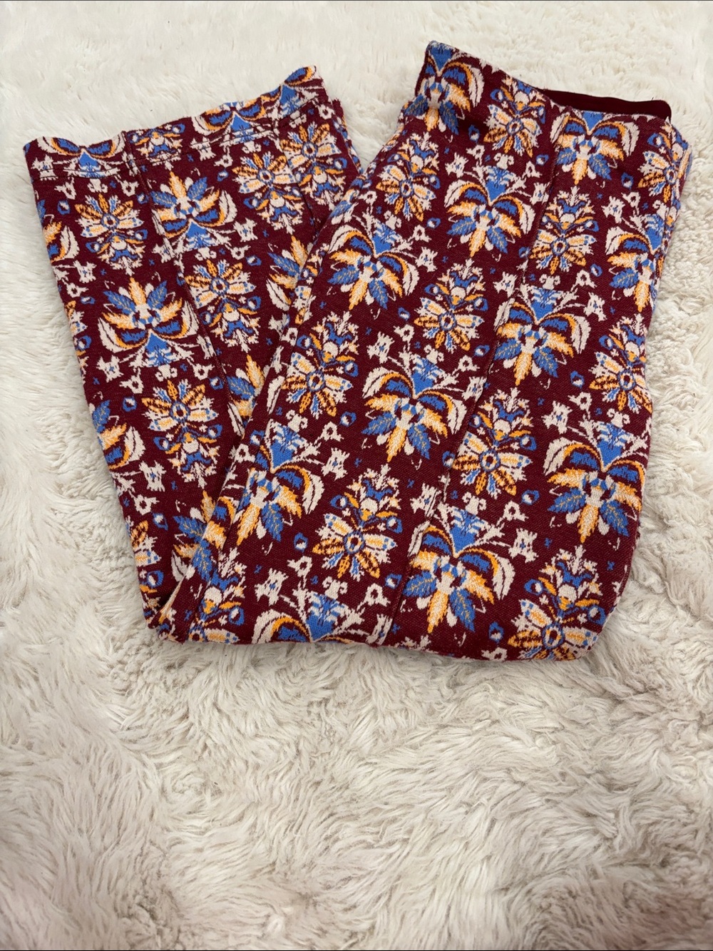 Anthropologie Maeve Maroon Floral Knit Pants with Accents